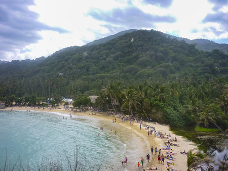 MAGDALENA, COLOMBIA, JANUARY - 2015 - Aerial view of Cabo San Juan beach, the most famous beach of tayrona park, a touristic protected area in the colombian northern caribbean region.のeditorial素材
