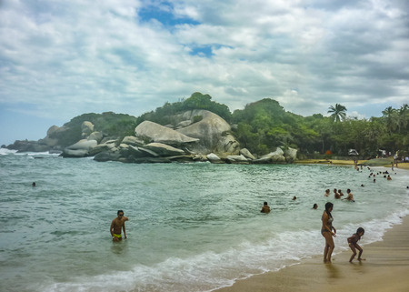 MAGDALENA, COLOMBIA, JANUARY - 2015 - People at Cabo San Juan beach, the most famous beach of tayrona park, a touristic protected area in the colombian northern caribbean region.のeditorial素材