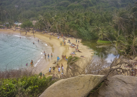 MAGDALENA, COLOMBIA, JANUARY - 2015 - Aerial view of Cabo San Juan beach, the most famous beach of tayrona park, a touristic protected area in the colombian northern caribbean region.のeditorial素材