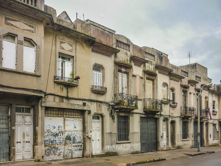 MONTEVIDEO, URUGUAY, JUNE - 2015 - Perspective view of picturesque old style houses in a ordinary neighobourhood of Montevideo city, the capital of Uruguayのeditorial素材