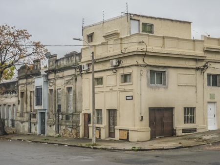 MONTEVIDEO, URUGUAY, JUNE - 2015 - Old style houses in a ordinary neighobourhood of Montevideo city, the capital of Uruguayのeditorial素材