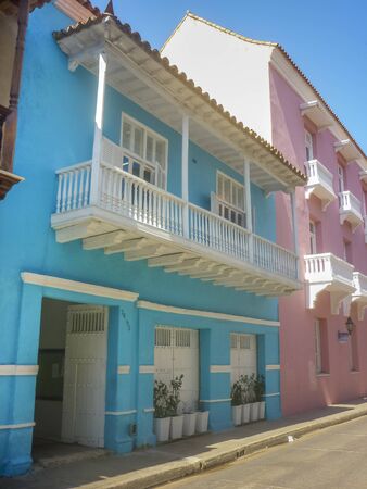 Colonial style buildings at historic center in Cartagena de Indias, the most famous watering place of Colombia.の写真素材