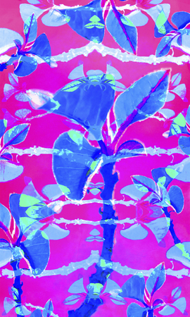 Tropical floral modern pattern design in vivid and saturated blue and pink colors in vertical composition style.の写真素材