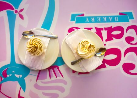 Top view of two tres leches cake, a traditional colombian dessertの写真素材