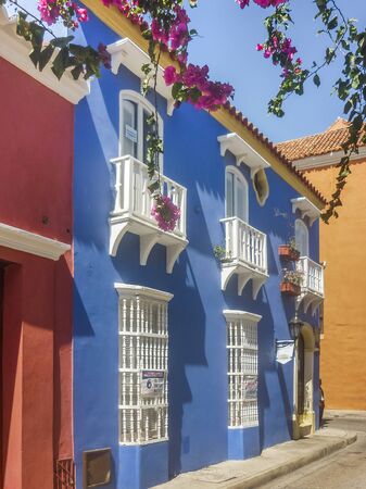 Colonial style colorful buildings at historic center in Cartagena de Indias, the most famous watering place of Colombia.のeditorial素材