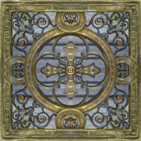 Front view detail of church christian cross ornament in bronze material.の写真素材