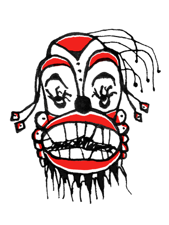 Front view face portrait of dark clown in black and red colors pencil drawing rasterl illustration isolated against white background.の写真素材