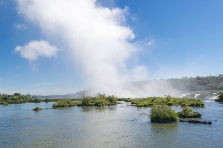 Landscape of parana river and leafy flora in the road towards devil throat falls at Iguazu Park in Argentina.の写真素材