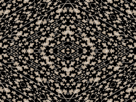 Digital collage and manipulation technique geometric modern floral seamless pattern design in pale brown tones against black backgroundの写真素材