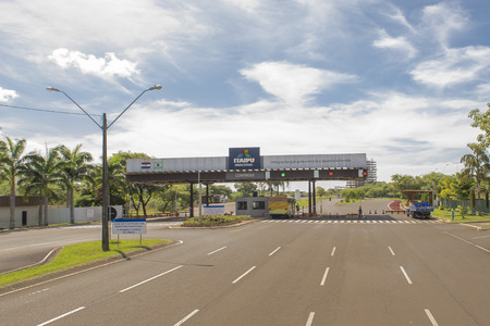 FOZ DO IGUACU, BRAZIL, APRIL - 2015 - Itaipu dam avenue entrance at brazilian border.のeditorial素材