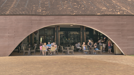FOZ DO IGUACU, BRAZIL, MARCH - 2015 - Modern architecture restaurant with lots of people insisde at Iguazu national park in the brazilian border.のeditorial素材