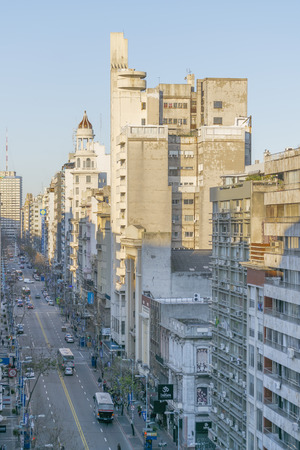 MONTEVIDEO, URUGUAY, AUGUST - 2015 - Perspective aerial view of eclectic style architecture and 18 de julio avenue of Montevideo, the capital city of Uruguay in South Americaのeditorial素材