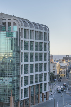 Aerial view of modern building located in front of the landmark nndependence square in Montevideo,  Uruguayのeditorial素材