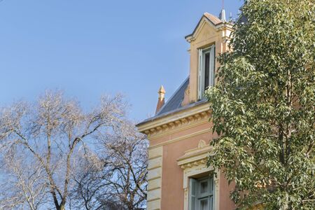 Exterior detail view of Villa Ocampo, and old style classic building of San Isidro which was the...