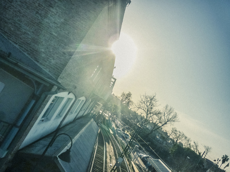 Urban day scene of empty old train station in Buenos Aires, the capital city of Argentina in South America.の写真素材