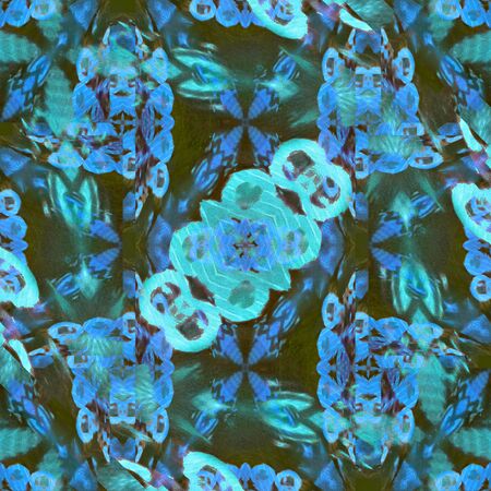 Digital collage technique modern refined ornate decorative abstract motif seamless pattern mosaic design in mixed blue and browns colorsのeditorial素材