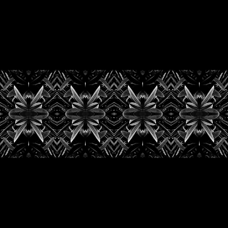 Digital art abstract geometric horizontal stripes tribal pattern in silver colors against black...