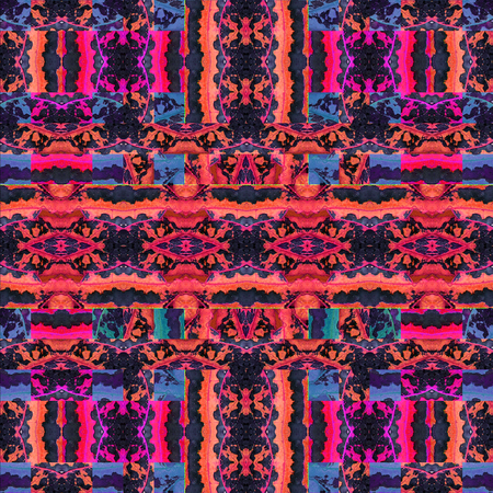 Digital photo collage and manipulation technique seamless pattern stylized ornate floral motif in vibrant mixed red and blue colors against black bordersの写真素材