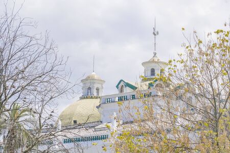 QUITO, ECUADOR, OCTOBER - 2015 - Low angle view of metropolitan cathedral at the historic center of Quito in Ecuador.のeditorial素材