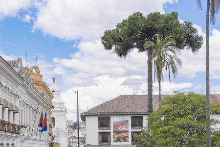 QUITO, ECUADOR, OCTOBER - 2015 - Low angle view of ecelctic style buildings at the historic center of Quito in Ecuador.のeditorial素材