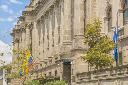 Low angle view of neoclassical style palace at the historic center of Quito in Ecuador.のeditorial素材