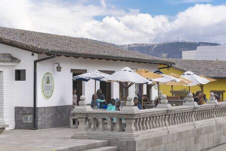 POMASQUI, ECUADOR, OCTOBER - 2015 - Colonial style restauratn at middle earth equator line monument in Ecuador.のeditorial素材