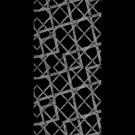 Black background with geometric abstract interlace grunge iron texture in black and white colors...