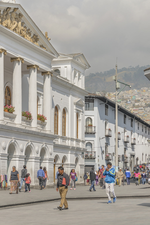 QUITO, ECUADOR, OCTOBER - 2015 - Traditional urban square at the historic center of Quito in Ecuador.のeditorial素材