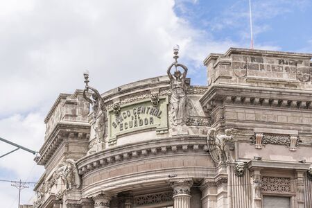 QUITO, ECUADOR, OCTOBER - 2015 - Low angle shot detail view of ornate baroque style building at the historic center of Quito, Ecuador.のeditorial素材