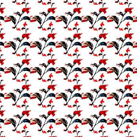 Digital collage and photo manipulation technique geometric floral pattern design in vivid and saturated red and black colors against white background.の写真素材