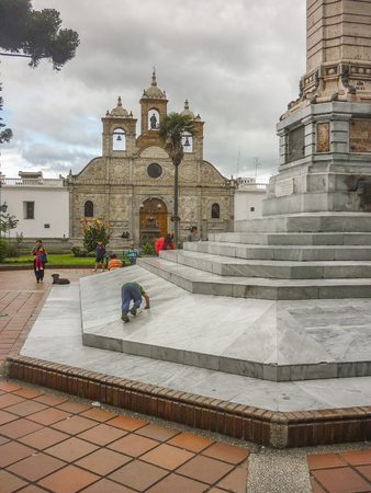 RIOBAMBA, ECUADOR, OCTOBER - 2015 - Plaza maldonado square at the historic center of Riobamba in Ecuador.のeditorial素材
