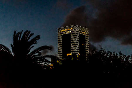Night scene of low angle shot of modern buildings located in Montevideo Uruguay