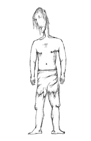 Black and white pencil drawing caricature illustration depicting a full body portrait of adult primitive man with sad expresion in side view shotの写真素材