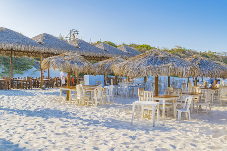 JERICOACOARA, BRAZIL, DECEMBER - 2015 - Outdoor restaurants at Lagoa do Paraiso beach in Jericoacoara Brazilのeditorial素材