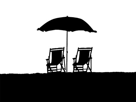 Isolated chairs and umbrella silhouette against white backgroundの写真素材