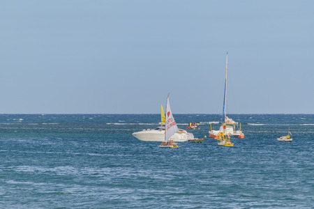PORTO GALINHAS, BRAZIL, JANUARY - 2016 - Group of boats at sea in Porto Galinhas, Pernambuco, Brazilのeditorial素材