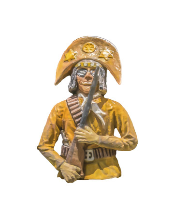 Wood sculpture man with rifle against white background