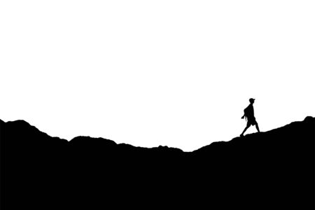 Man walking at top of mountain sihouette illustration against white backgroundの写真素材