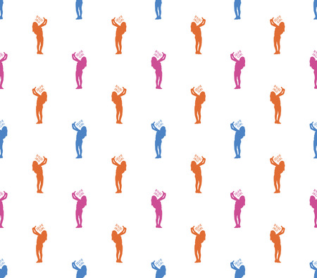 Conversational seamless pattern design with woman taking a selfie graphic motif in mixed colors against whiteの写真素材