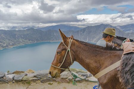 QUILOTOA, ECUADOR, FEBRAURY - 2016 - Indian with his horse and Quilotoa lagoon at background, Ecuadorのeditorial素材