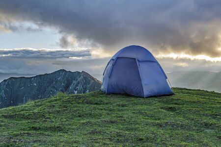 Tent at top of mountain in borders of Quilotoa crater, Latacunga, Ecuadorの写真素材