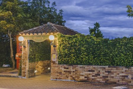 QUITO, ECUADOR, FEBRUARY - 2016 - Entrance of elegant restaurant located at El Panecillo, a touristic location at top of a hill in Quito, Ecuadorのeditorial素材