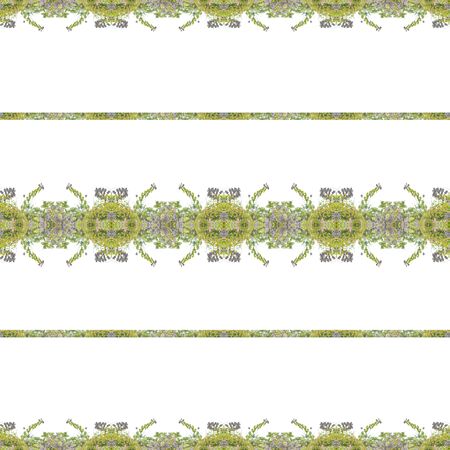 Ethnic style stylized floral motif horizontal stripes seamless pattern design in yellow and gray tones against white backgroundの写真素材