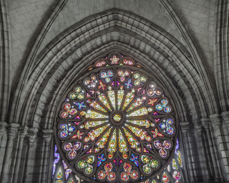 QUITO, ECUADOR, NOVEMBER - 2015 - Low angle view of rosette at interior of San Juan Basilica cathedral located in the city of Quito, the capital of Ecuadorのeditorial素材
