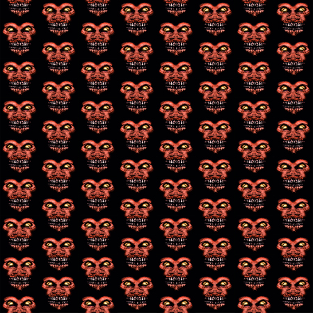 Digital art dark illustration evil monster expression ape head portrait motif seamless pattern design in saturated red colors against black background.の写真素材