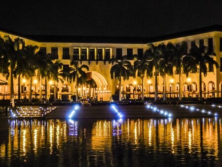 Night scene in Plaza Lagos, a luxury location with restaurants and artificial lake located in Samborondon city, Ecuadorのeditorial素材