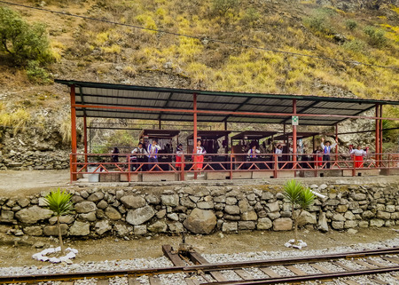 ALAUSI, ECUADOR, OCTOBER - 2015 - Group of traditional ecuadorian andean dancer at Nariz del diablo railroad trip in Alausi, Ecuadorのeditorial素材