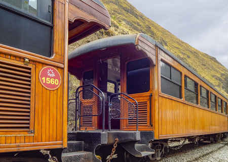 ALAUSI, ECUADOR, OCTOBER - 2015 - Low angle detail view of train which goes to the famous Nariz del Diablo rocky mountain, located in Aluasi town, Ecuadorのeditorial素材