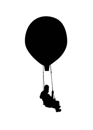 Black and white graphic silhouette of man at hot air ballonの写真素材