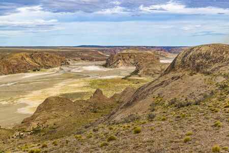 Aerial view of unique arid rocky landscape environment located in the argentinian patagonian in...